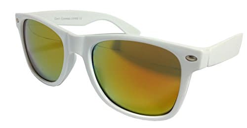 Mens Womens Wayfarer Sunglasses Classic White Frame and Orange Mirror Lens 80's Retro Geek 100% UV400