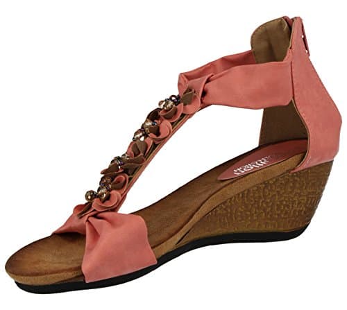 Ladies Faux Leather Look Fashion T-Bar Flower Bead Mid Wedge Sandal Shoe Size 3-8 (UK 5/EU 38, Coral)