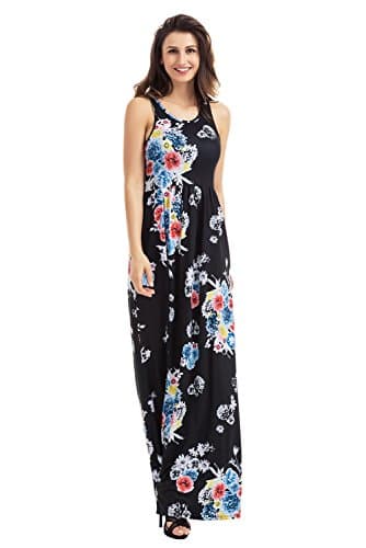 Women Floral Print Racerback Casual Tunic Long Maxi Dress (USA XXL=UK 24-26, Black)