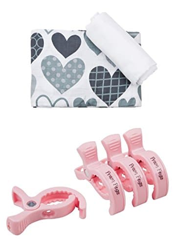 Little Rosa XL Premium Muslin Swaddles x 2 - White &amp; Hearts with Pram Pegs Pink x 4. Attach to Pram/Buggy Quickly Securely