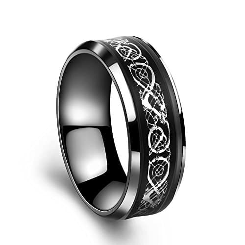 YUUHII ATR Men's 8mm Black Carbon Fiber Blue Celtic Knot Dragon Tungsten Carbide Ring Wedding Band