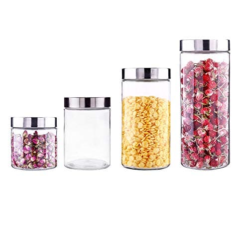RSTJ-Sjkw Spice Jars 4 Round Transparent Glass Spice Bottles With Silver Metal Lids Airtight Dry Food Storage Spice Container Set