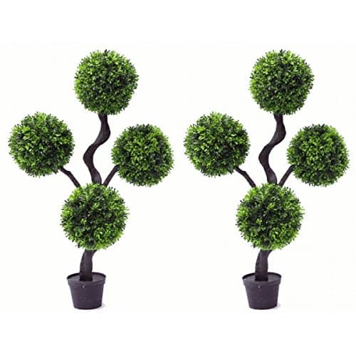 PAIR OF 90cm (3ft) Large Green Boxwood 4-Ball Topiary Artificial Plants Trees with Black Pots