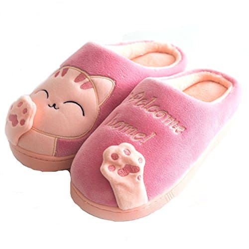 Schuhchan Women Plush Home Slippers Cute Cat Indoor Winter Slippers,Dark Pink UK 6.5-7