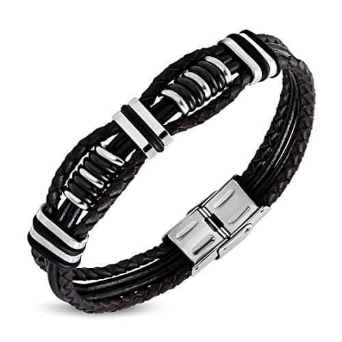 Black &amp; Brown Braided Leather Bracelet with Stainless Steel Geometric Tube Beads O-Rings Wath Style