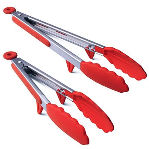 MANLEHOM Kitchen Tongs, Stainless Steel Heat Resistant Silicone Tongs with Built-in Stand for Cooking Food Serving Salad Barbecue Grill 23cm + 30cm Red