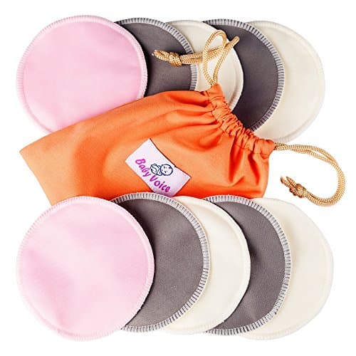Washable Nursing Pads 12 Pack | Organic Bamboo | Laundry &amp; Travel Bag | Free Breastfeeding &amp; Sleeping Guide | Softest Reusable Breast Pads by BabyVoice (Medium, white-grey-pink)