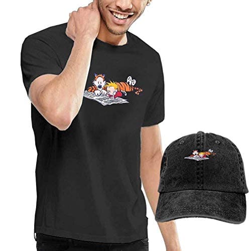 Againl Men's Calvin and Hobbes Tees and Washed Denim Baseball Dad Cap Black