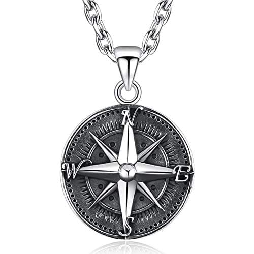 Punk Necklace Men, 925 Sterling Silver Pendant for Men Gothic Compass Pendant