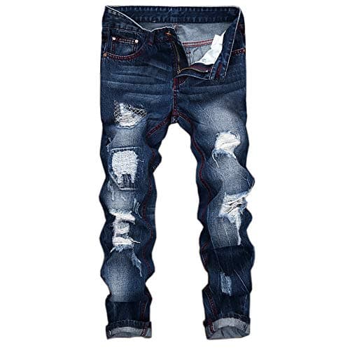 Creazrise Men's Ripped Slim Straight Fit Jeans with Zipper Deco Frayed Patchwork Basic Pants