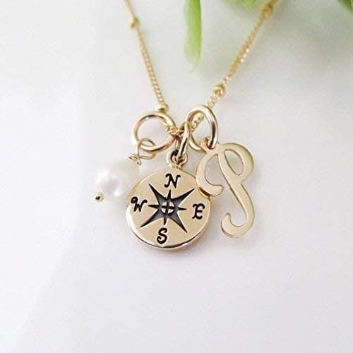 Gold Filled Compass Necklace - Freshwater Cultured Rice Pearl and Script Initial Charm - Necklace for Women - Gift for Her - Graduation Gift - Retirement Gift for Her
