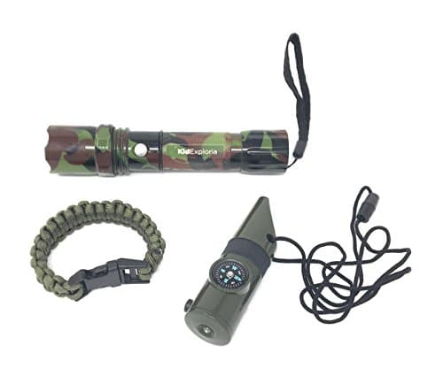 Kids Survival Gear Kit: Camo Flashlight, Survival Whistle with Compass and Paracord Bracelet