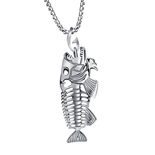 Chimoly Men Titanium Stainless Steel Necklace Punk Style Fish Skeleton Bones Pendant Silver 23.6"