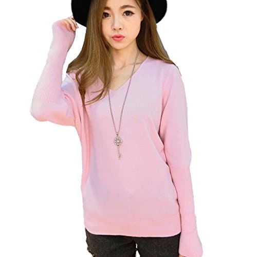 FTSUCQ Womens V Neck Pullover Long Sleeve Slim knitted Sweater Shirt Pink Knitwear,M