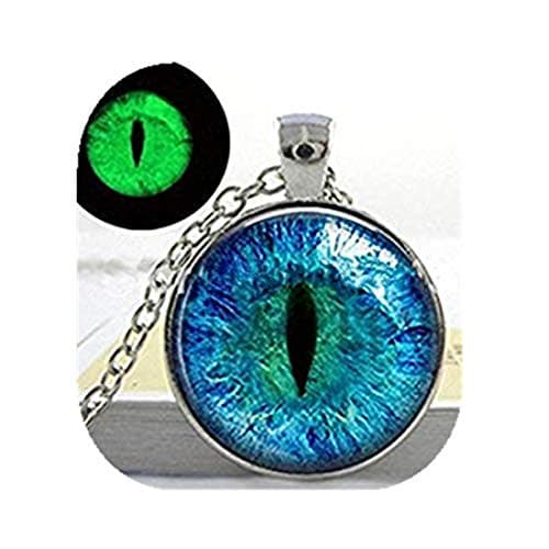 Blue Cats Eye Necklace Glowing Eye Pendant Silver luminous Picture Glowing Gifts for Women Glow in the DARK