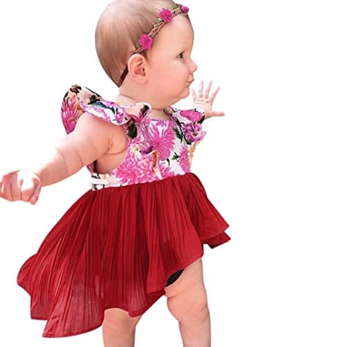 Summer Toddler Baby Kids Girls Dresses, Fashion Flower Print Patchwork Ruffle Sleeve Irregular Hem Party Princess Sundress Skirt (Size for 3 T, Red)