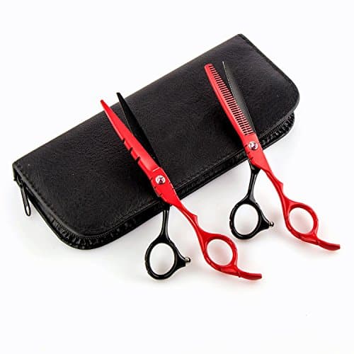 EXBE Professional Stainless Steel Hair Cutting Shears Set Ultra-Sharp Hair Scissors - 6.5" with Black Leather Case (Set black&amp;red)