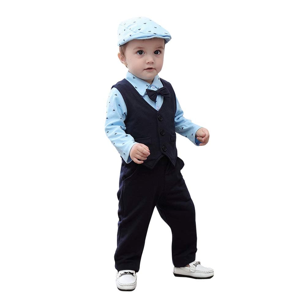 Baby Boys Cotton Onesies with Waistcoat and Pant Set in Blue Color