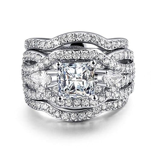 Rhodium Plated Princess Cut Diamond Halo Cubic Zirconia CZ Infinity Wedding Bridal Ring Set (7)