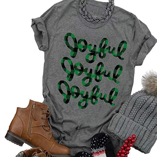 Beopjesk Women's Buffalo Plaid Tees Casual Short Sleeve Merry Letter Print Graphic Blouse Tops Chirstmas Gift