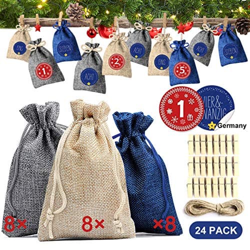 Small Gift Bags 24Pcs, Jute Drawstring Pouch Blue/Gray/Linen Burlap Bag with Advent Calendars 2019 Stickers/Clips/Rope, Small Hessian Sack for Holiday Christmas Party Wedding Favour Gift Bags Decor