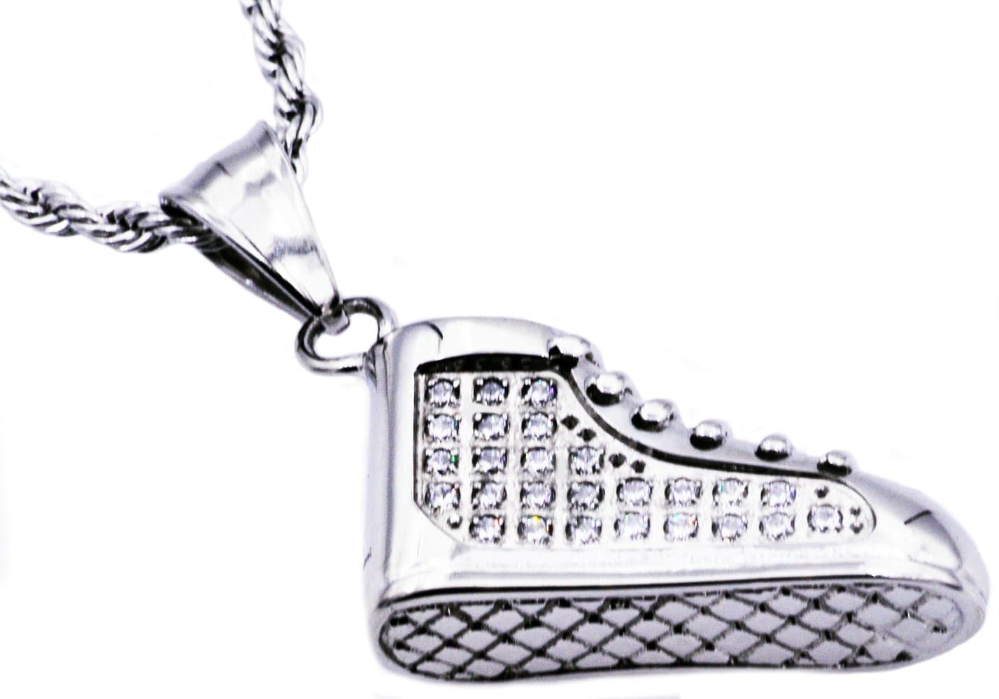Blackjack Jewelry Mens Stainless Steel Sneaker Pendant with Cubic Zirconia