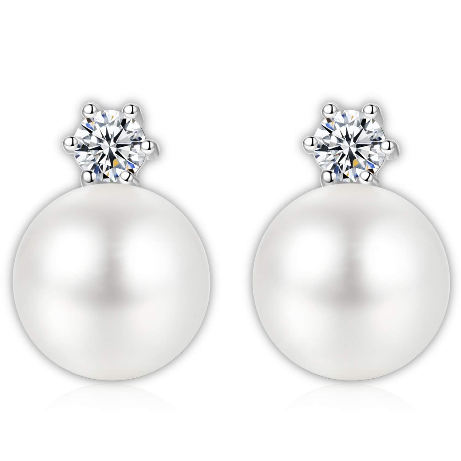 Pearl Earrings for Womens – Pearl Stud Earrings for Brides & Bridesmaids – Cubic Zirconia Elements – Elegant & Classy Earrings – Luxurious Silver Embossed