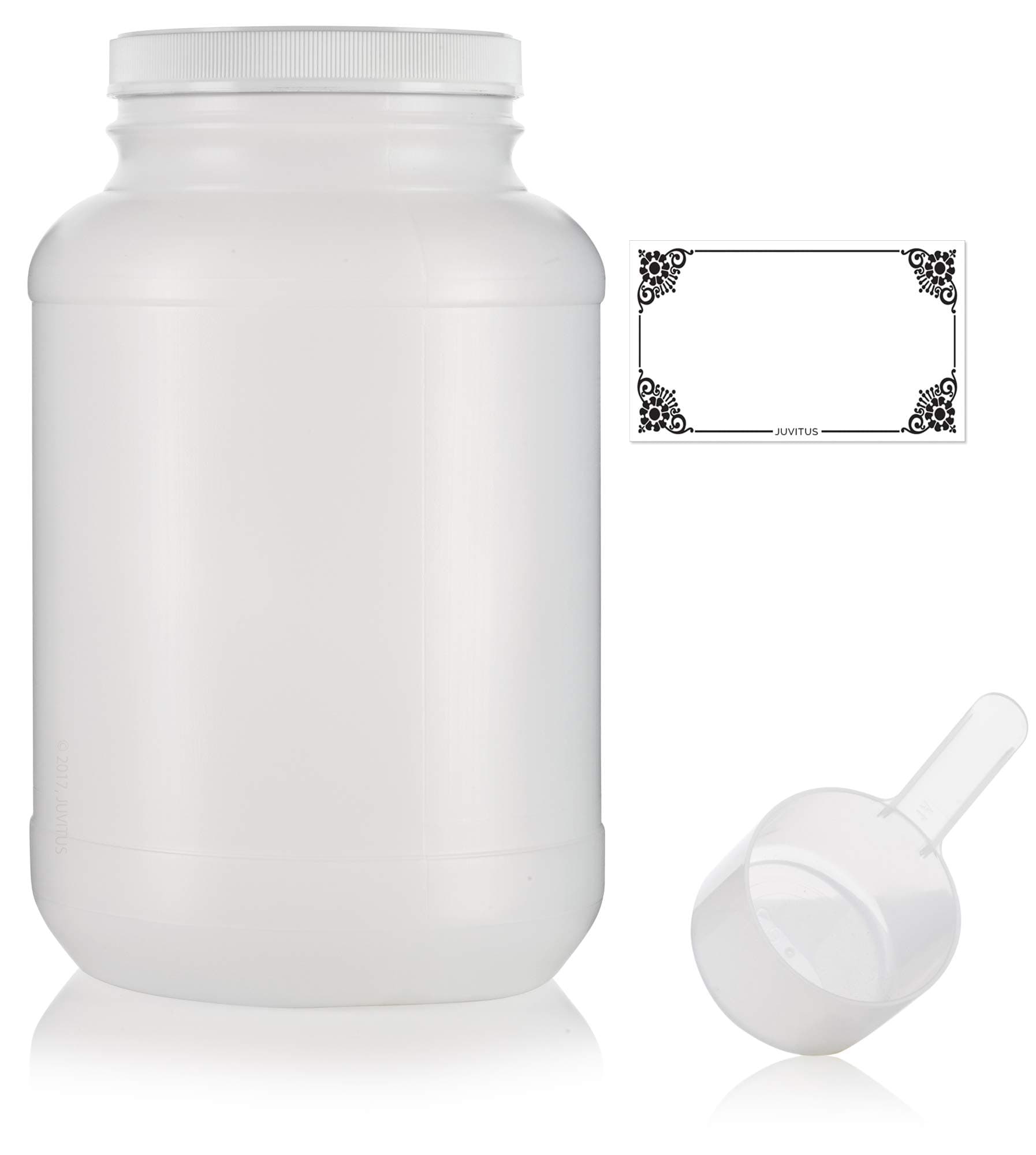 1 gallon/ 4400 grams Clear Natural HDPE Plastic Wide Mouth Jar Container with White Plastic Lid + Label and Measuring Scoop