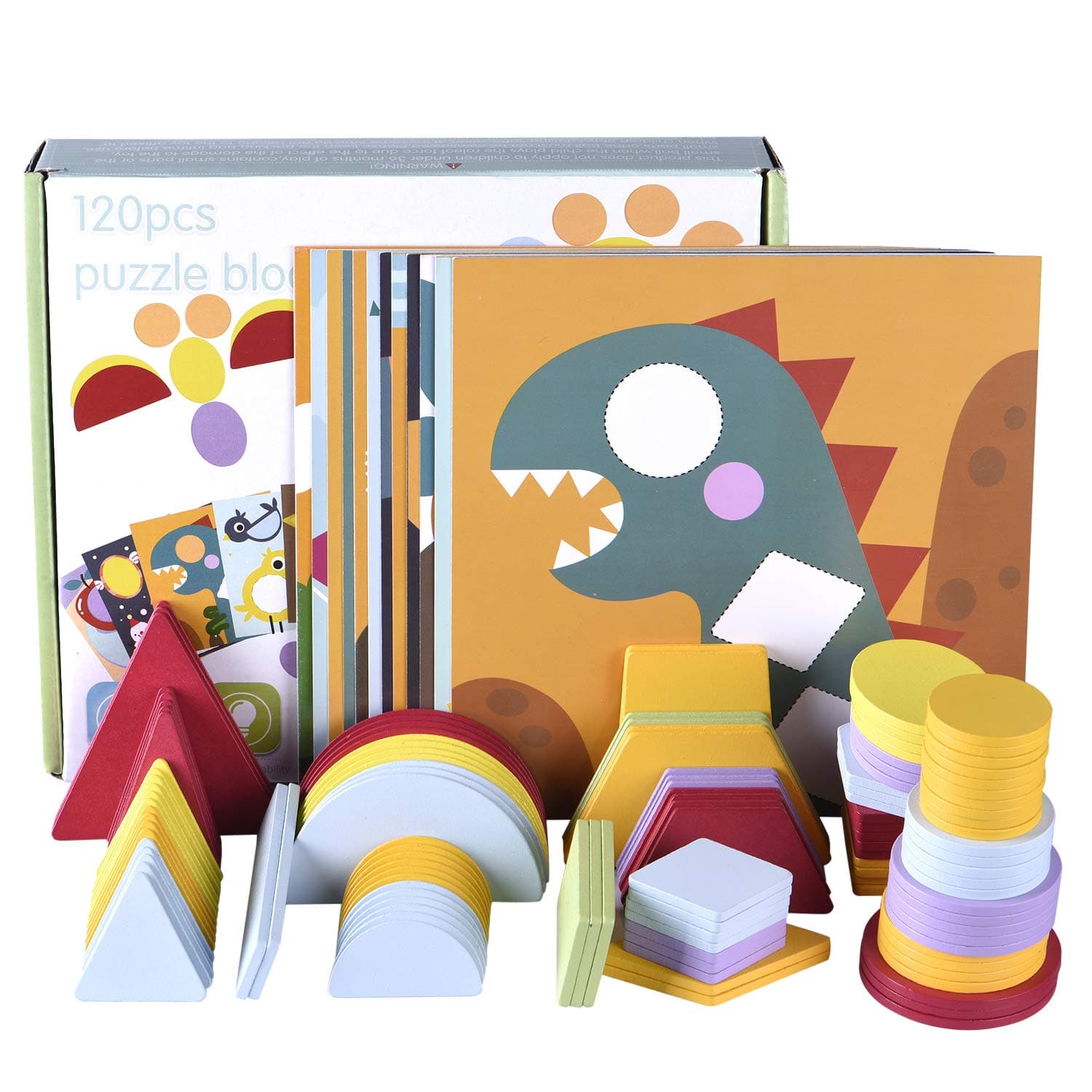 Supkiir Beginner Wooden Pattern Puzzle Blocks Educational Toy, 12 Double-Sided Scenes and 120 Pcs Colorful Blocks for Preschool or Kindergarten Kids