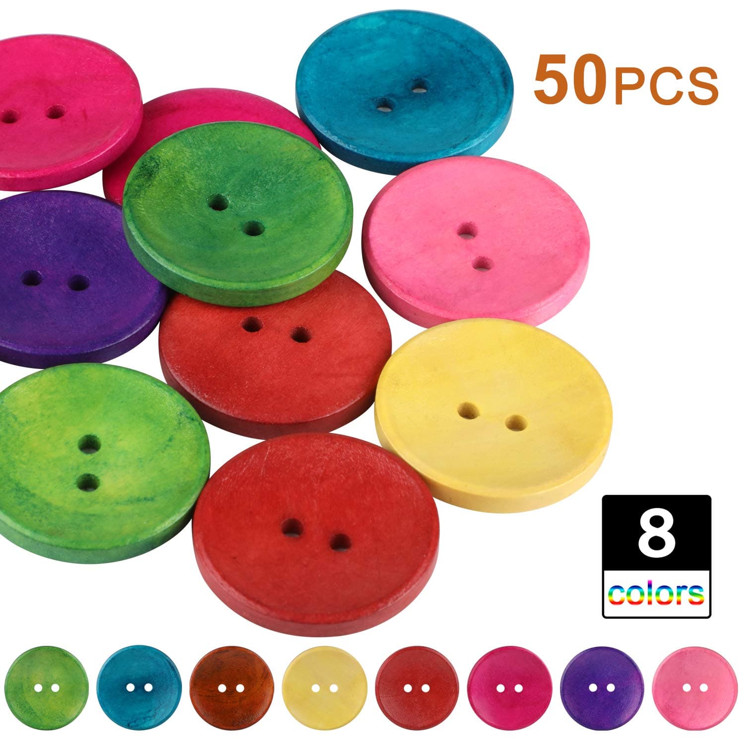 LYLFL Wood Sewing Buttons [50PCs], 2 Holes Round Mixed 3cm(1 1/8") Dia.