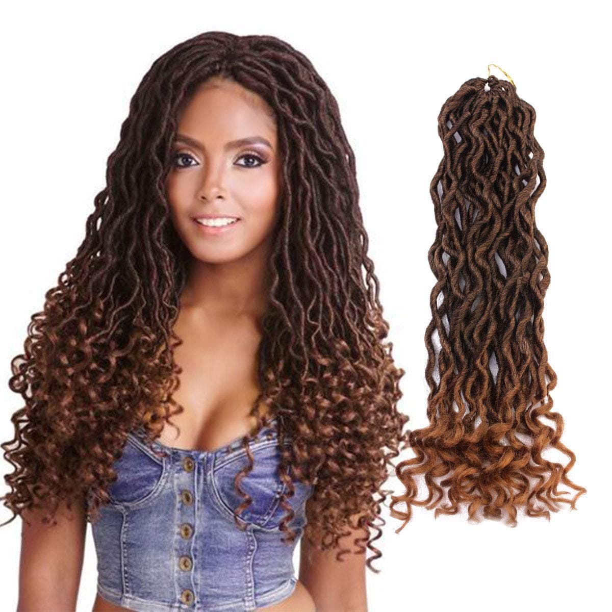 Eerya Goddess Faux Locs Crochet Hair Braids Wavy with Curly Ends Synthetic Hair Extensions Fauxlocs Fiber Braiding Hair Afro Kinky Soft Dread Dreadlocks (3Packs/Lot, 1B/27#)