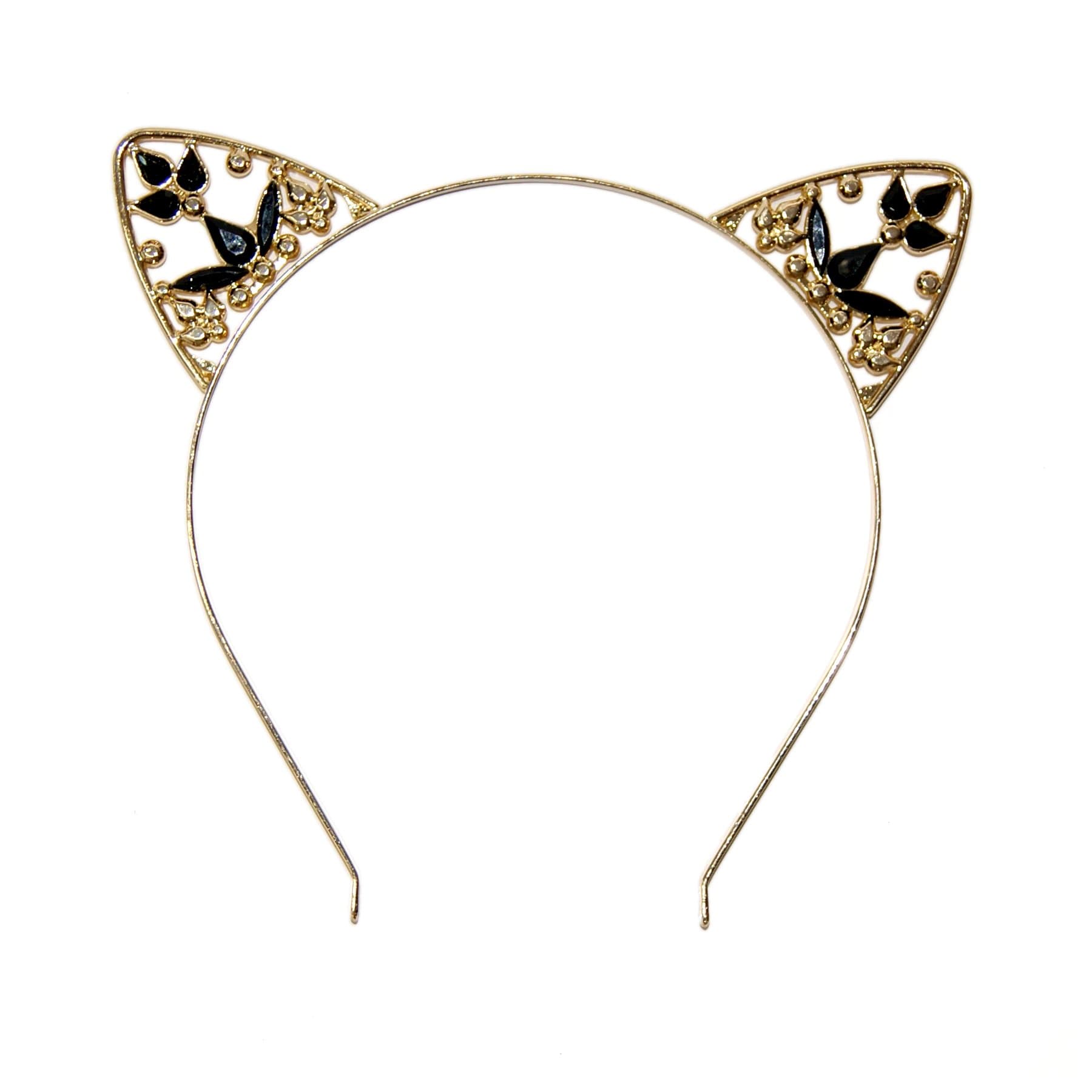 Women or Girls Black & Gold Crystal Cat Ears Headband for All Ages