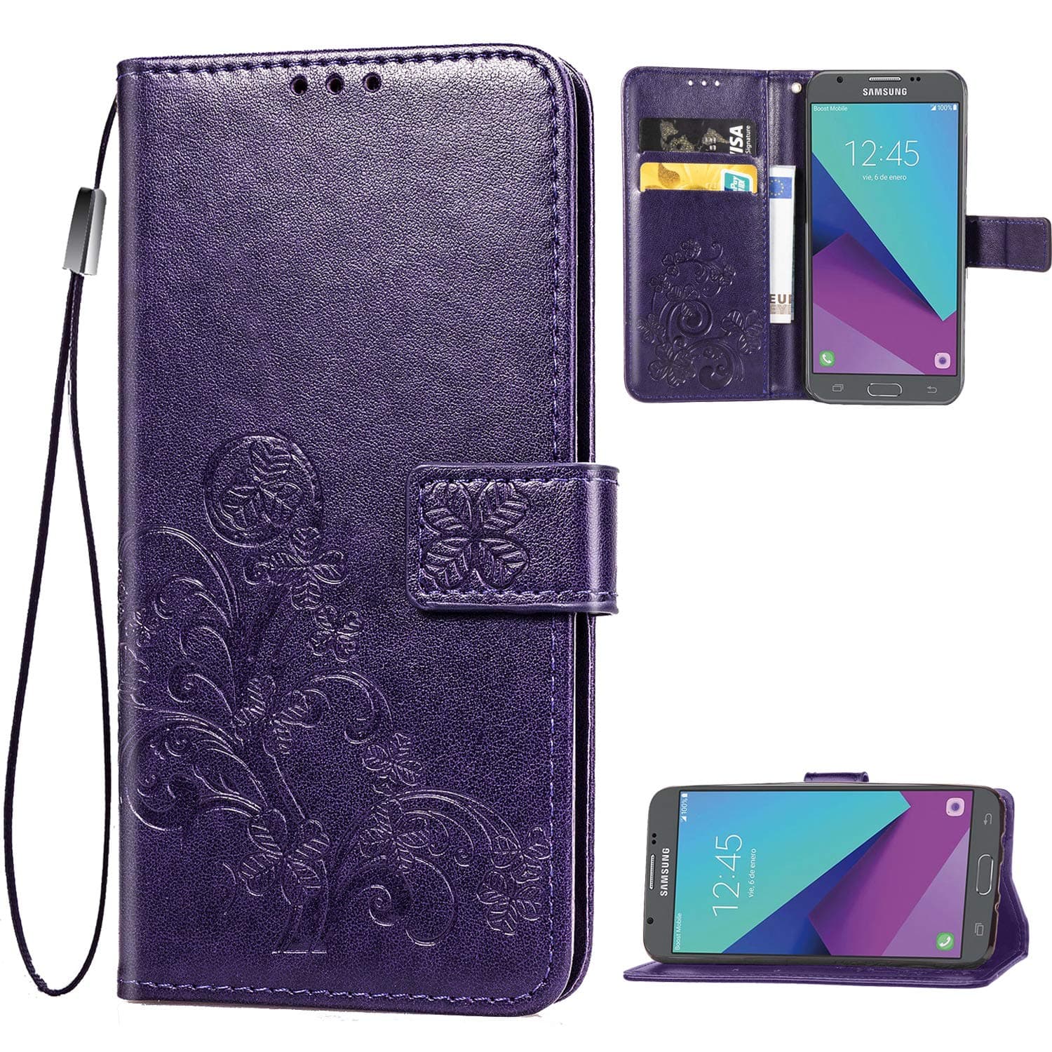 Galaxy J7 2018,J7 Star,J7 Refine,J7 Aero,J7 Aura,J7 Top Case,[Flower Embossed] Leather Wallet Flip Folio Protective Case Cover with Card Holder and Stand for Samsung Galaxy J7 2018 SM-J737 (Purple)