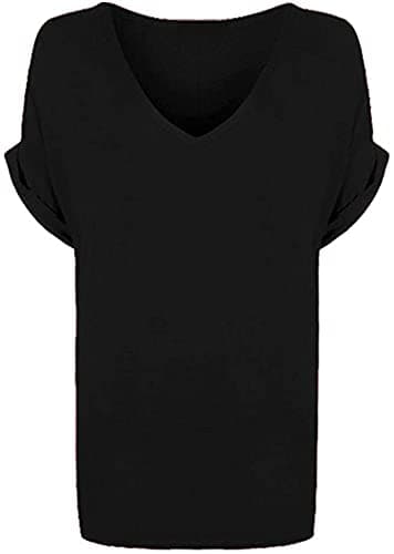 THREADWEAR Women Plain V Neck Turn Up Short Sleeve Baggy T-Shirt. UK 8-26 Charcoal