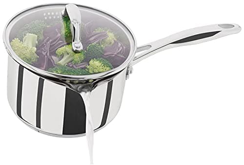 Stellar Profile Stainless Steel Draining Saucepan with Lid 20cm 3.25L Induction Ready, Oven Safe, Dishwasher
