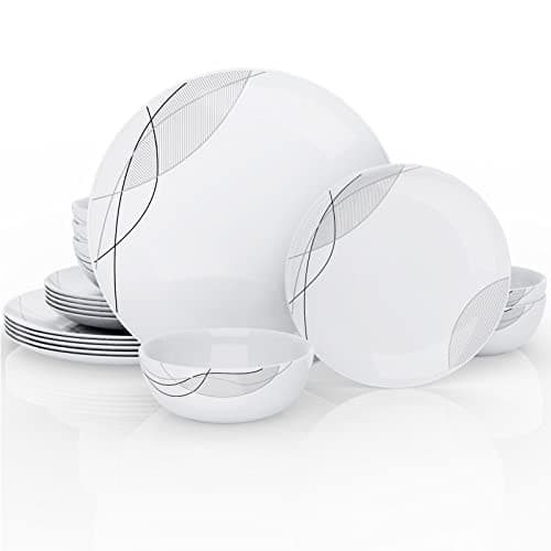 MEKY 18-Piece Kitchen Dinnerware Set,Plates,Bowls,Break and Chip Resistant,Dish Sets Service for 6,Simple Lines, White-Gray