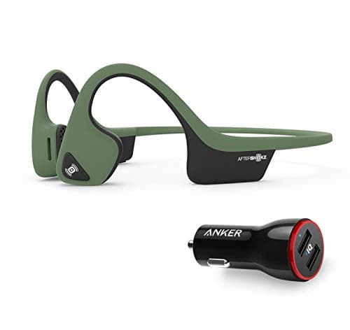 AfterShokz Trekz Air Wireless Bluetooth Conduction Sport Headphones Bundle with Anker 2-Port Car Charger - Forest Green