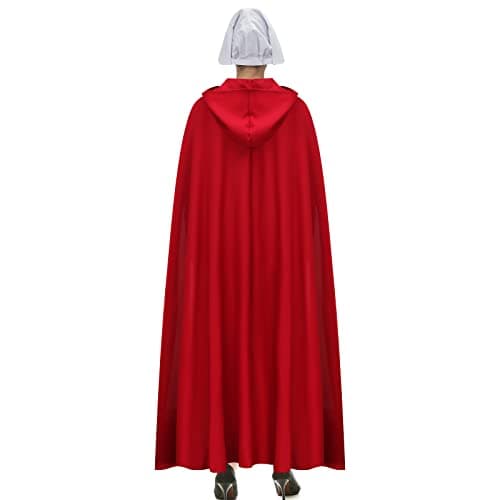 Handmaid Offred Cosplay Costume Outfit,Women Red Hooded Cape Cloak with White Bonnet for Halloween Party