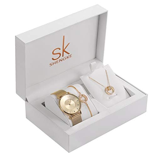 SK Shengke Mesh Band Womens Diamond Watches Set with Necklace Bracelet Wrist Watches Set for Women Female Girl Ladies Wrist Quartz Watches Set with Jewelry (FK0059-SL008-DZ004)