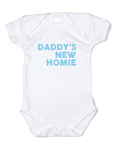 Graphic Fit Trendy Baby Clothes - Daddy's New Homie - Blue Text, White Bodysuit (0-3 Months)