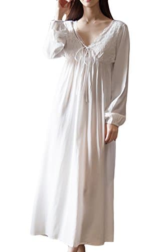Asherbaby Women's Long Short Sleeve Vintage Lace V Neck Nightgown Cotton Sleepwear