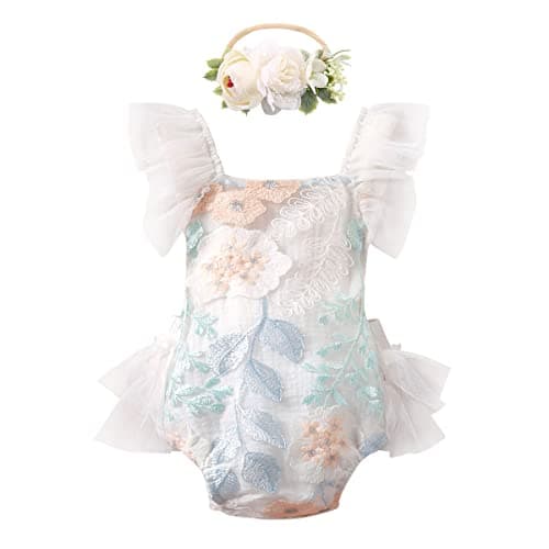 IDOPIP Baby Girls 1st Birthday Outfit Boho Floral Lace Romper Tutu Dress Headband Princess Cake Smash Photo Props Clothes Set