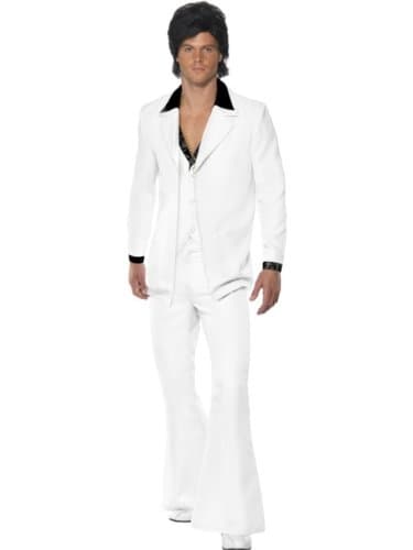 70s Suit Costume, White Jacket with Mock Shirt, Waistcoat & Trousers, 1970's Disco Fancy Dress, 1970s Dress Up Costumes