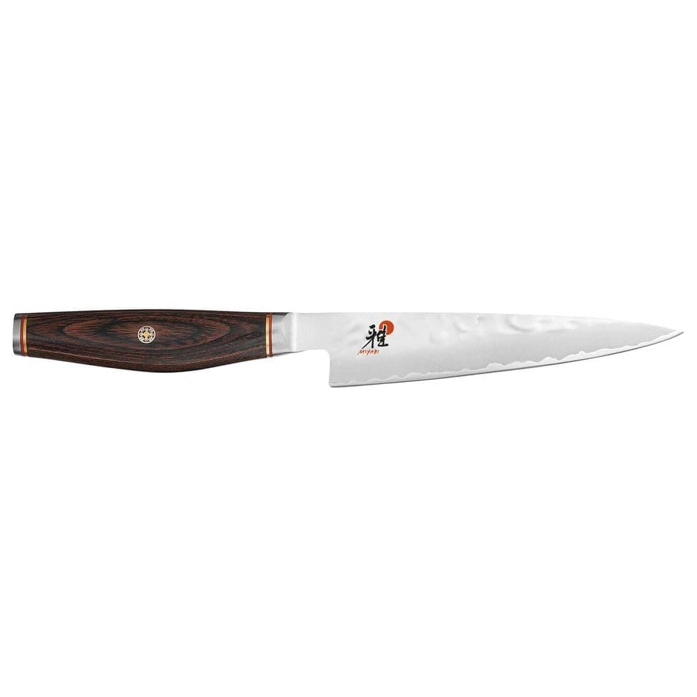 6000MCT Shotoh 13cm. MicroCarbide MC63 powder steel Japanese blade. 3 layers. Hardness 63 Rockwell. Ice-hardened. Rust resistant. Pakka wood handle. Made in Seki, Japan.