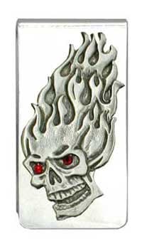 'Flaming Skull' Pewter Charm Silver Tone Money Clip