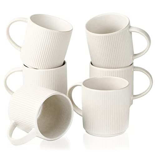 famiware Coffee Mug Set for 6, Star 12 oz Catering Mugs Cup Set with Handle for Coffee, Tea, Cocoa, Milk - Ceramic Stoneware Drinkware Set, Matte White