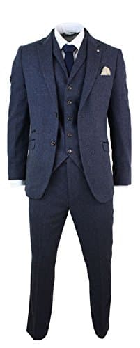 Mens 3 Piece Wool Blend Herringbone Tweed Suit Blue Brown Vintage Tailored Fit