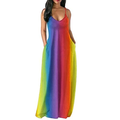 Women Maxi Dress Plus Size Rainbow Sleeveless V Neck Loose Long Dress with Pocket