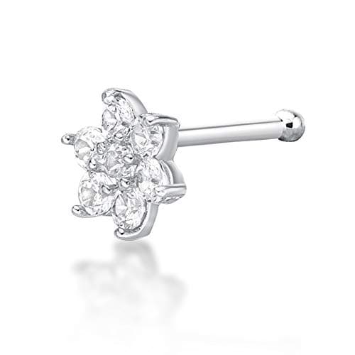 Lavari Jewelers22 Gauge Straight Bone Flower Nose Stud for Women or Men - 14k White or Yellow Gold 4.5mm Cubic Zirconia Nose Ring - Unisex Hypoallergenic Nostril Piercing Jewelry - 22G Body Piercing