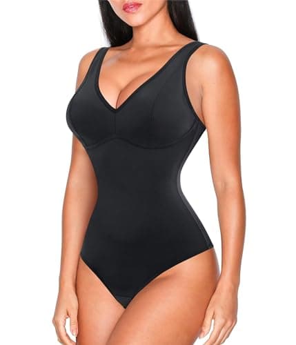 Nebility Women Waist Trainer Shapewear Slim Body Shaper Deep V Neck Thong Bodysuit Tummy Control Jumpsuit Tops (M, Black)
